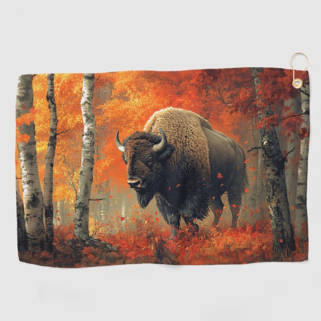 Bison in the Autumn Woods Artwork Golf Towel (Horizontal)