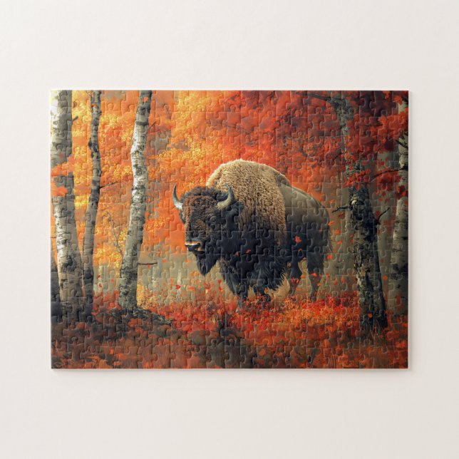 Bison in the Autumn Woods Artwork Jigsaw Puzzle (Horizontal)