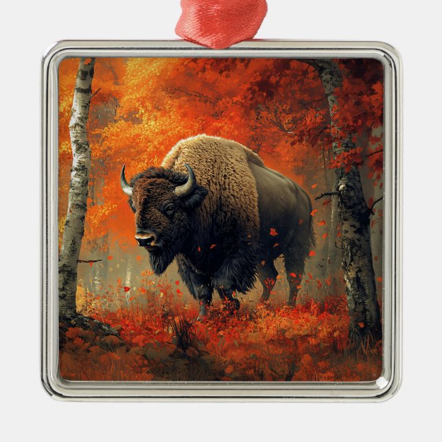 Bison in the Autumn Woods Artwork Metal Tree Decoration (Front)