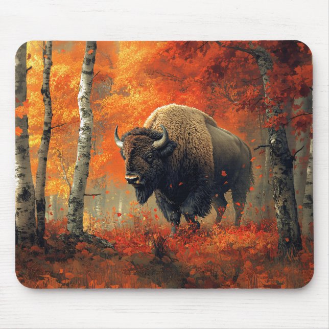 Bison in the Autumn Woods Artwork Mouse Mat (Front)