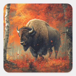 Bison in the Autumn Woods Artwork Square Sticker