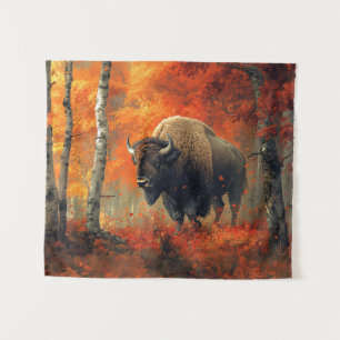 Bison in the Autumn Woods Artwork Tapestry