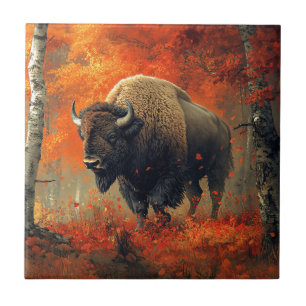 Bison in the Autumn Woods Artwork Tile