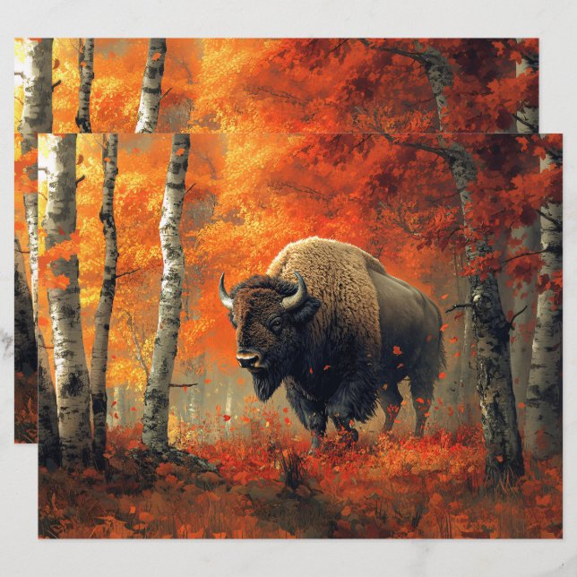 Bison in the Autumn Woods Scrapbook Paper (Front/Back)