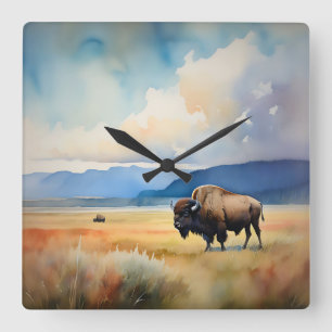 Bison in the Meadow Square Wall Clock