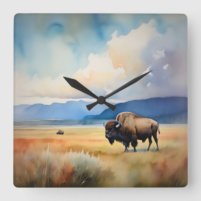 Bison in the Meadow Square Wall Clock (Front)