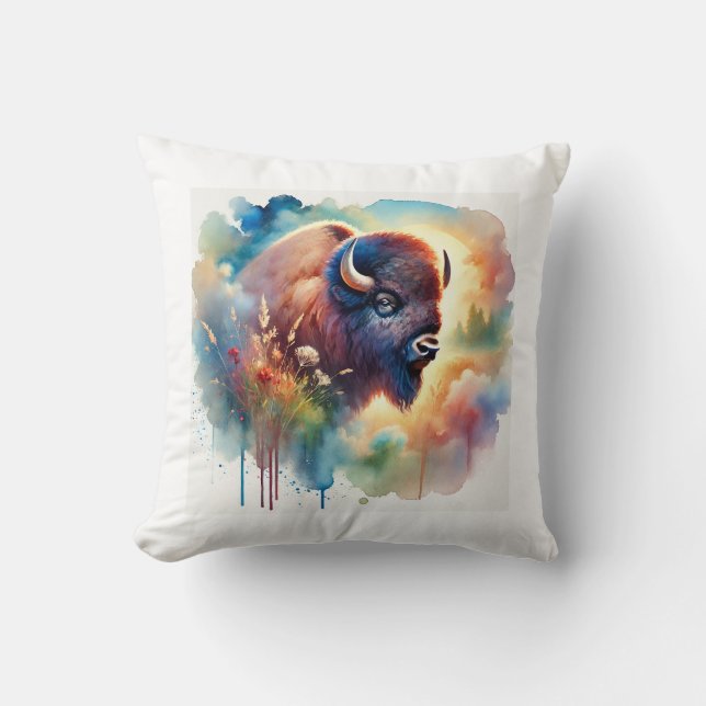 Bison in the Wild 010824AREF128 - Watercolor Cushion (Front)