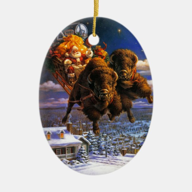 Bison Pulling Santa Claus Ceramic Tree Decoration (Front)