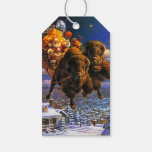 Bison Pulling Santa Claus Gift Tags