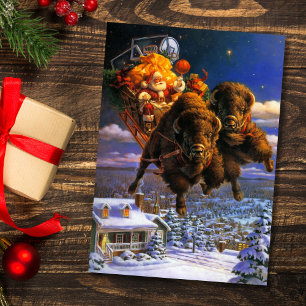 Bison Pulling Santa Claus Holiday Card