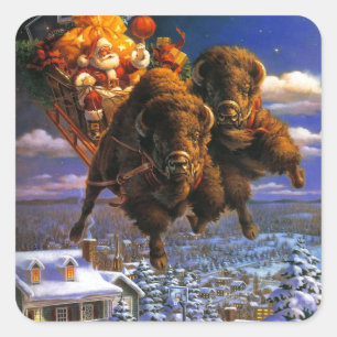 Bison Pulling Santa Claus Square Sticker