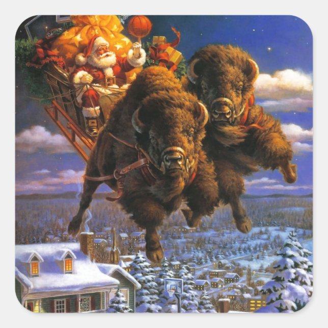 Bison Pulling Santa Claus Square Sticker (Front)