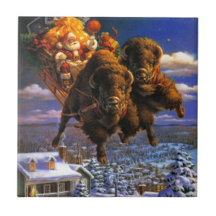 Bison Pulling Santa Claus Tile