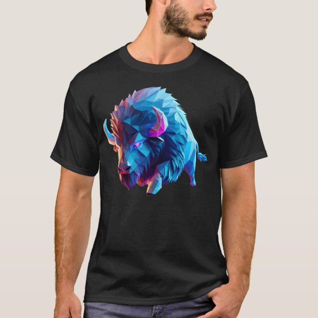 Bison Running Multicolored Origami Geometric 3D T-Shirt (Front)
