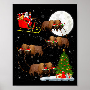Bison Santa Sleigh Flying Funny Magical Christmas  Poster