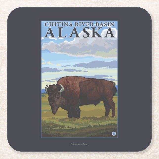 Bison Scene - Chitina River Basin, Alaska Square Paper Coaster (Front)