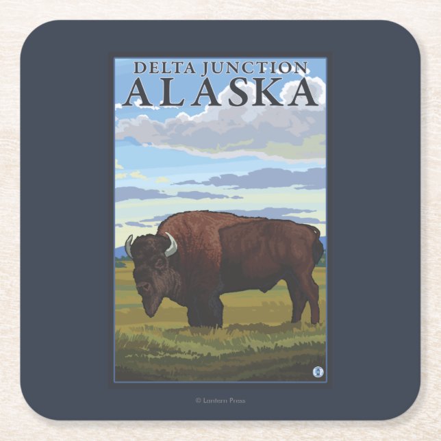 Bison Scene - Delta Junction, Alaska Square Paper Coaster (Front)