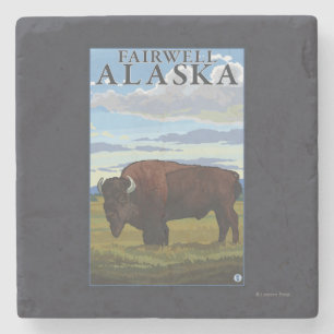 Bison Scene - Fairwell, Alaska Stone Coaster