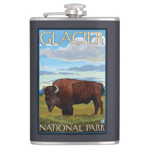Bison Scene - Glacier National Park, MT Hip Flask