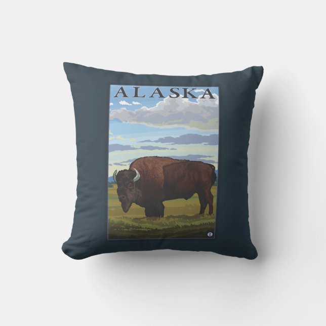 Bison Scene- Vintage Travel Poster Cushion (Front)