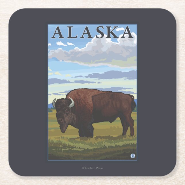 Bison Scene- Vintage Travel Poster Square Paper Coaster (Front)