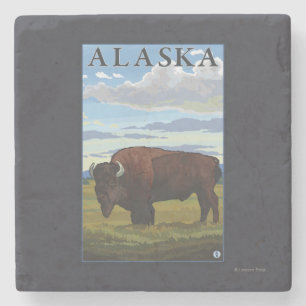 Bison Scene- Vintage Travel Poster Stone Coaster