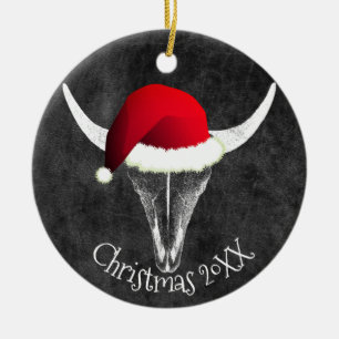 Bison Skull with Santa Hat Christmas Ceramic Ornam Tree Decoration