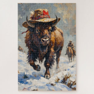 Bison Stoic Guardian of the Snowy Plains Hat Jigsaw Puzzle