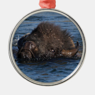 bison swimming metal tree decoration