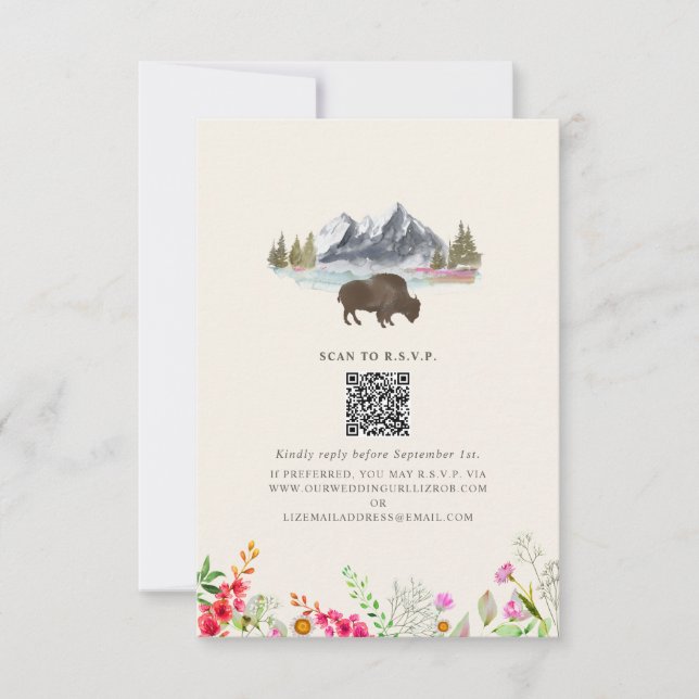 Bison Watercolor Mountains Floral Wedding QR RSVP Card (Front)