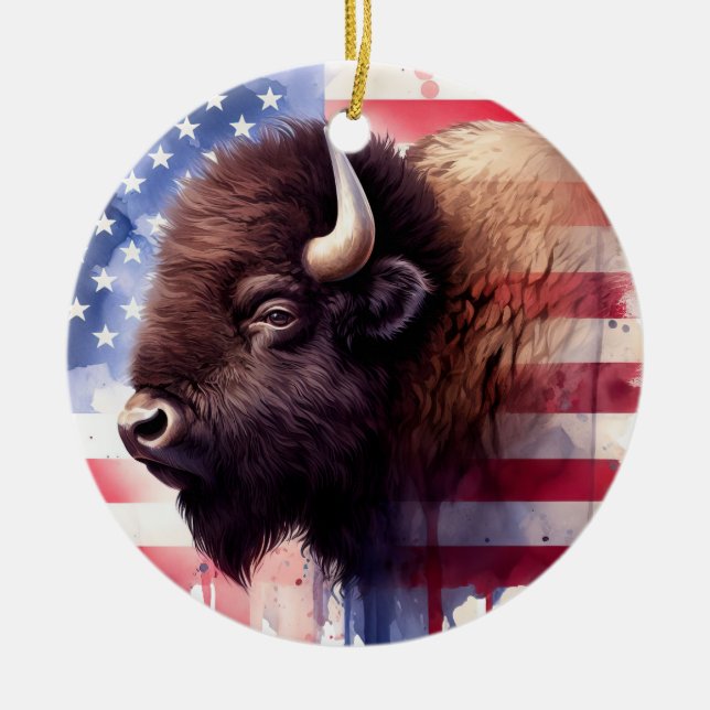 Bison with United States of America flag Ceramic Tree Decoration (Front)