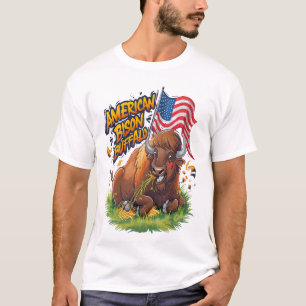 Bison with US Flag in Grass T-Shirt
