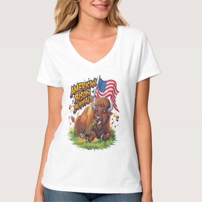 Bison with US Flag in Grass T-Shirt (Front)
