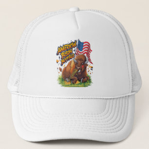 Bison with US Flag in Grass Trucker Hat