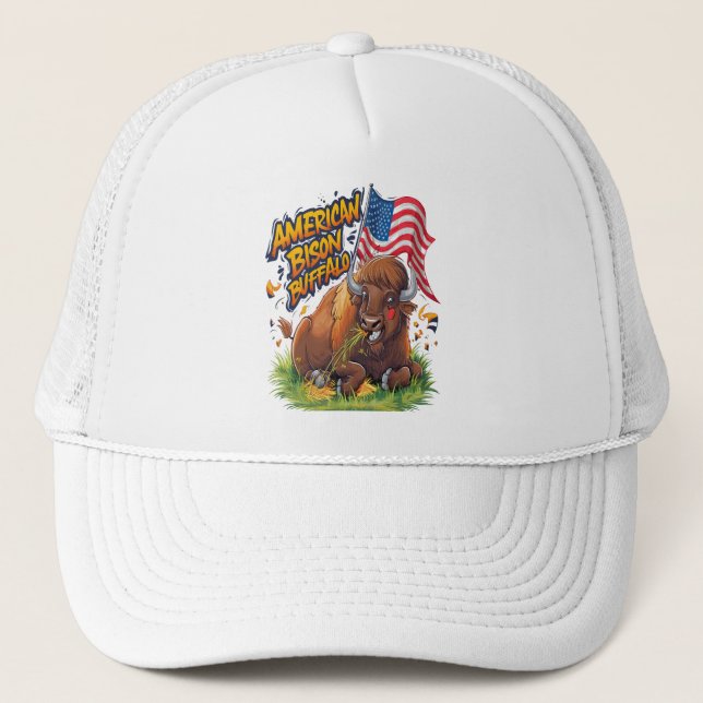 Bison with US Flag in Grass Trucker Hat (Front)