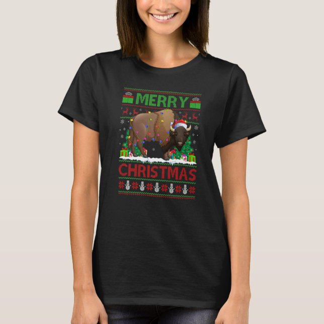 Bison  Xmas Tree Lights Ugly Santa Bison Christmas T-Shirt (Front)