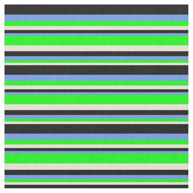 Bisque, Lime, Cornflower Blue, and Black Pattern Fabric (Close Up)