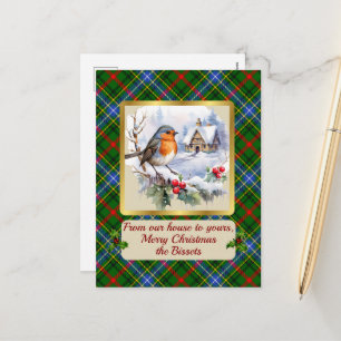 Bisset Crest & Tartan w/Robin Personalised Holiday Postcard