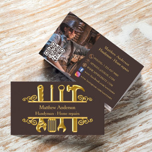 Bistre brown gold tools home repairs photo QR code Business Card