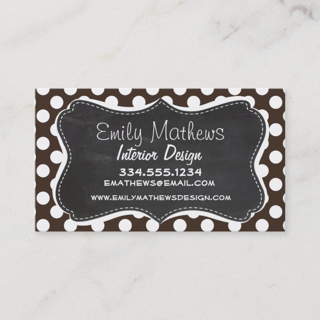 Bistre Brown Polka Dots; Retro Chalkboard Business Card (Front)