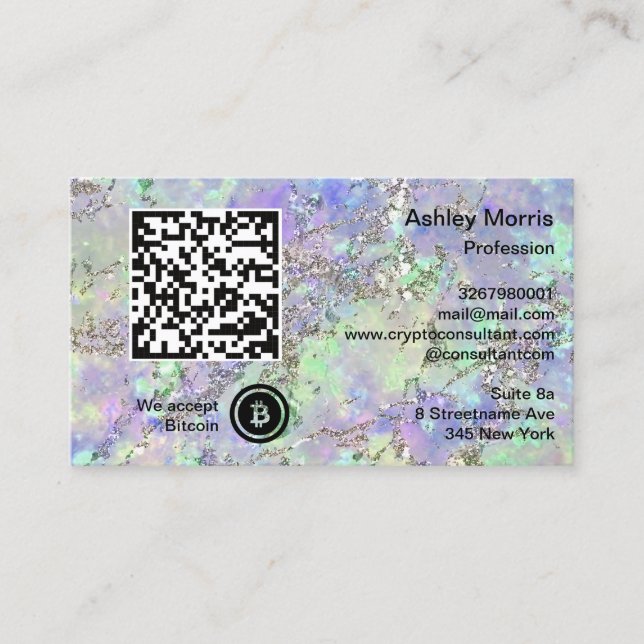Bit Me QR Code We Accept Bitcoin Logo Glitter Blue Business Card (Front)