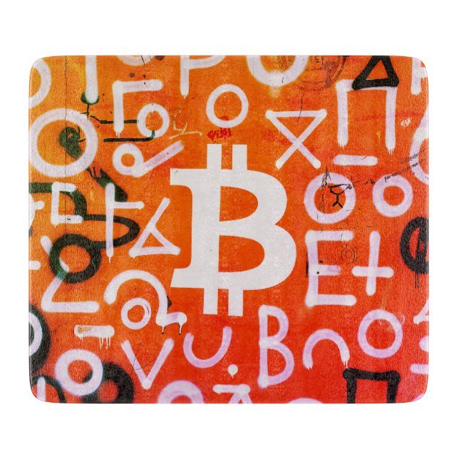 "Bitcoin Graffiti" (Style #7) Street Art Cutting Board (Front)