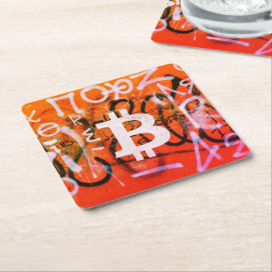 "Bitcoin Graffiti" (Style #9) Street Art Square Paper Coaster