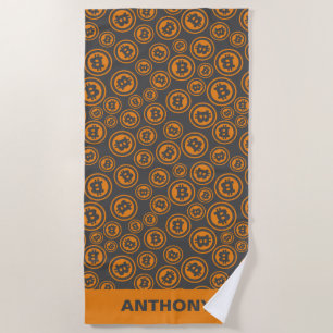 Bitcoin Patterned Orange and Grey Personalised Beach Towel