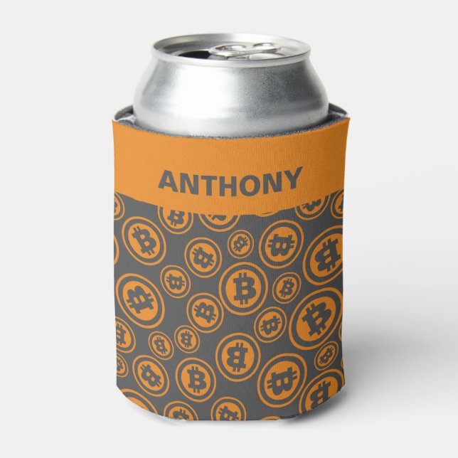 Bitcoin Patterned Orange and Grey Personalised Can Cooler (Can Front)