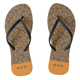 Bitcoin Patterned Orange and Grey Personalised Flip Flops