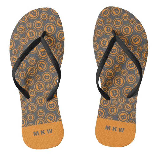 Bitcoin Patterned Orange and Grey Personalised Flip Flops (Footbed)