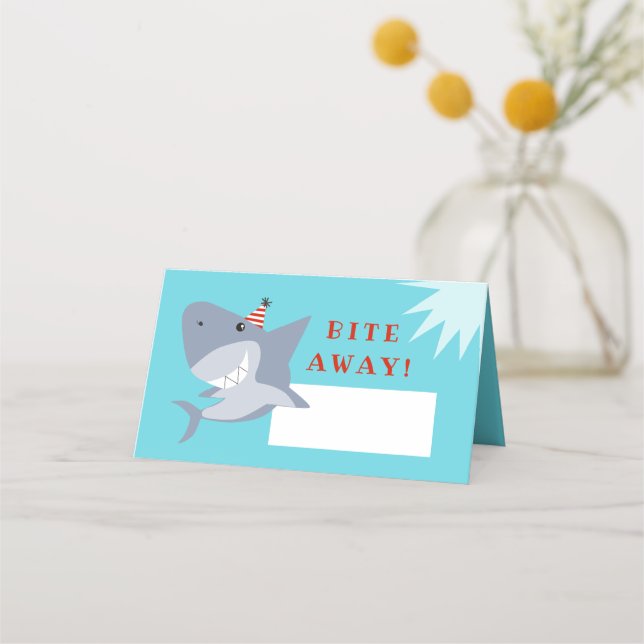 Bite Away | Shark Birthday Party Food Tent Place Card (Front)
