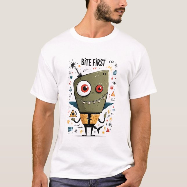 Bite First Funny Chaotic Alien Shark Gift T-Shirt (Front)