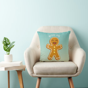 Bite me funny gingerbread man faux linen ombre cushion